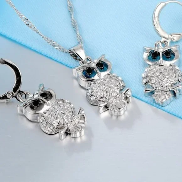 💎 NEW 💎Cute Owl 925 Sterling Silver Earrings And Necklace Set Bundle - Picture 8 of 8